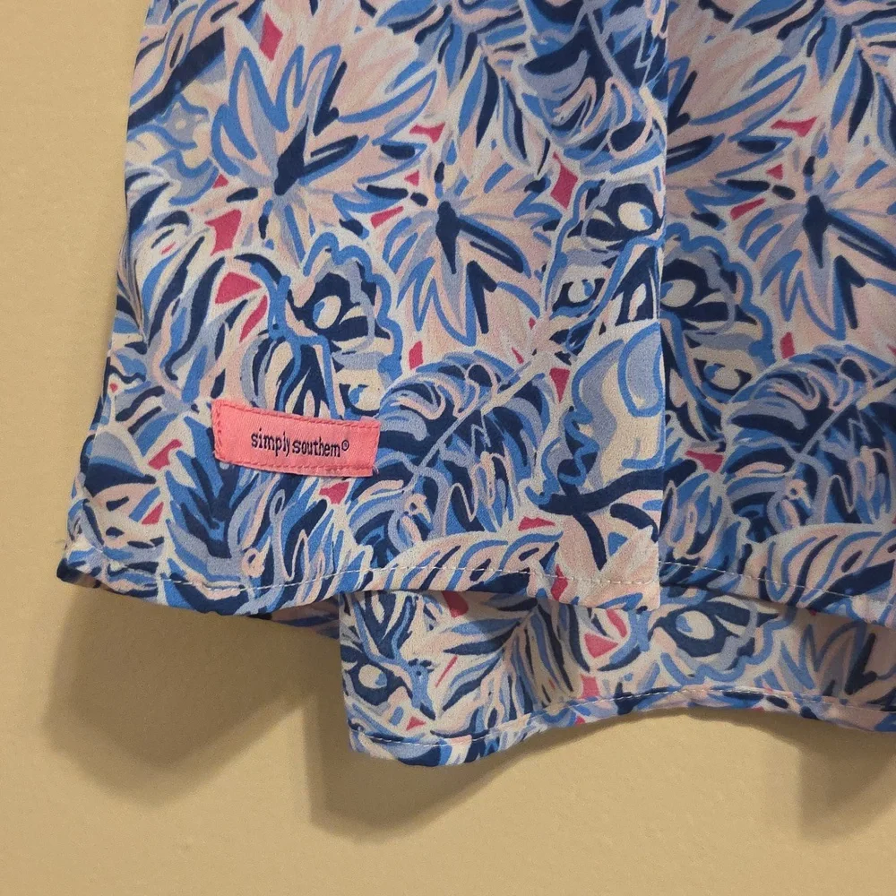 Simply Southern Blue & Pink Leaf Patterned Flowy Smocked Dress Size Youth Small